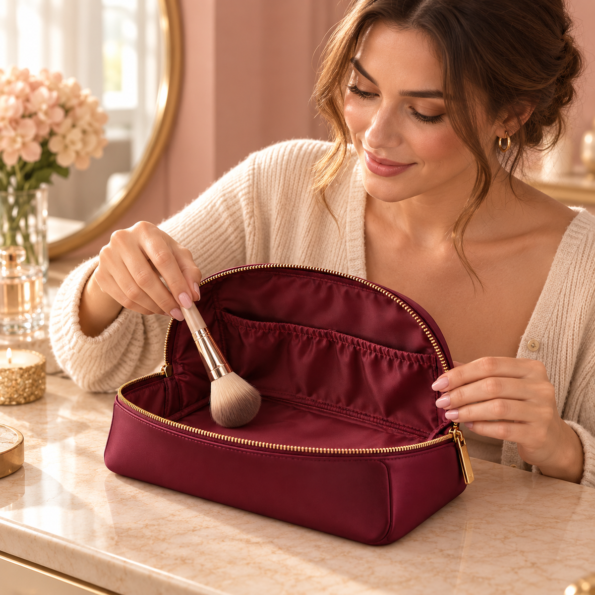 Vanity Edit Pouch — AI-generated illustrative person using the product in a warm vanity setting