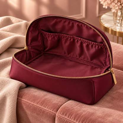 Vanity Edit Pouch — alternate styled-background view; AI-generated concept image