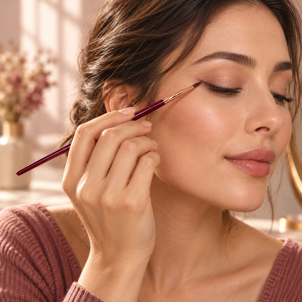 Precision Detail Brush — AI-generated illustrative person using the product in a warm vanity setting