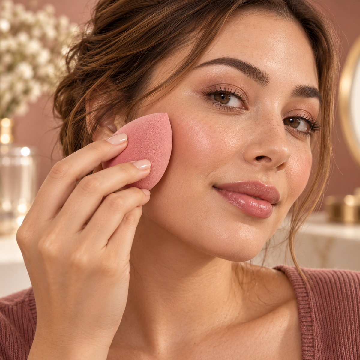 Petal Blend Sponge — AI-generated illustrative person using the product in a warm vanity setting